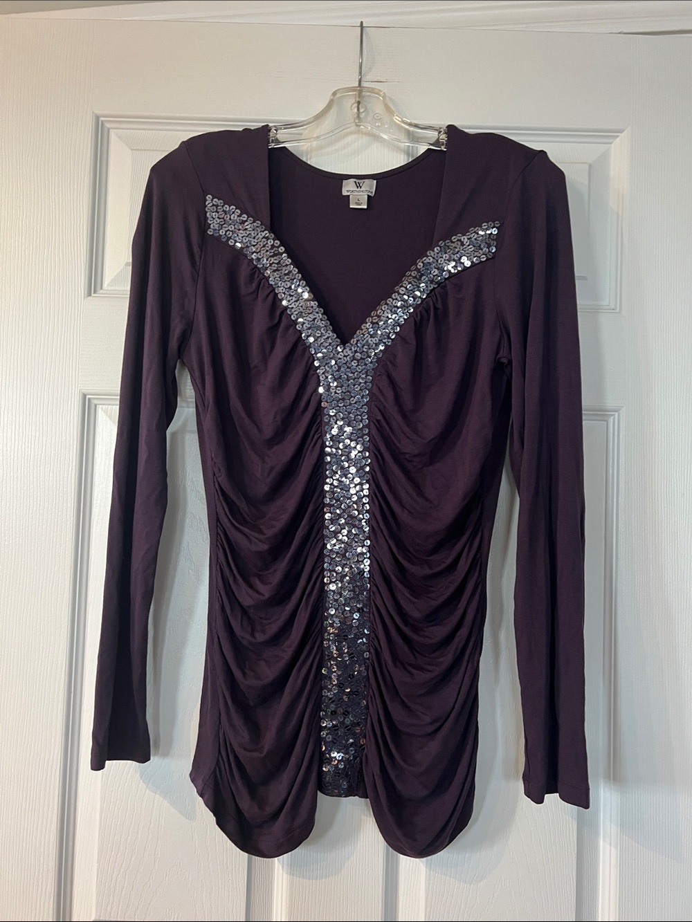 Worthington Deep Purple Long-Sleeve Top with Silver Sequin Trim